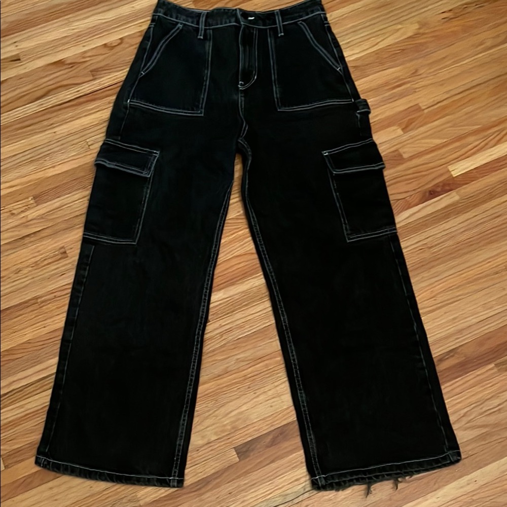 Black Wide Leg Flare Jeans with Contrasting Stitching